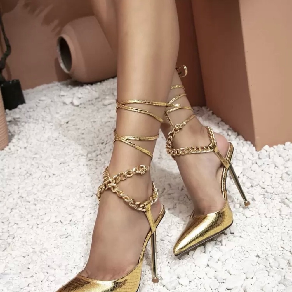 SHEIN Gold Chain Wrap Heels